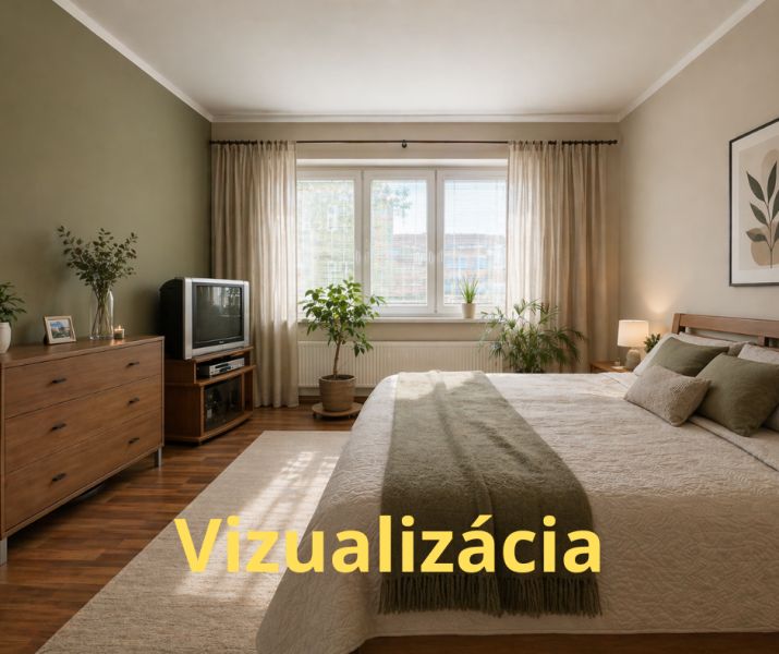 Hálószoba fa dekor padlóval, televízióval és tágas ággyal egy 4 szobás lakásban.