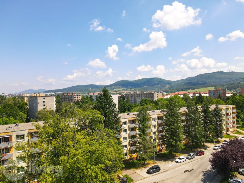 Kilátás a lakóépületekre, amelyeket zöldterület vesz körül az Újdubnica-i Trenčianska utcában.