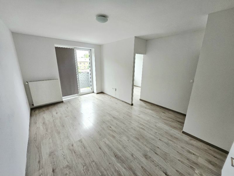 Nappali fehér falakkal és fa dekorációjú padlóval egy egyszobás lakásban.