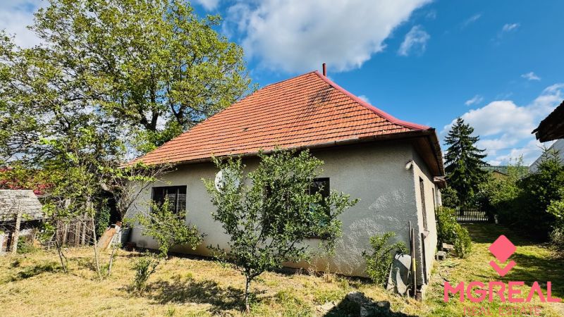 Családi ház Pažitban piros tetővel, környező zölddel és fákkal.