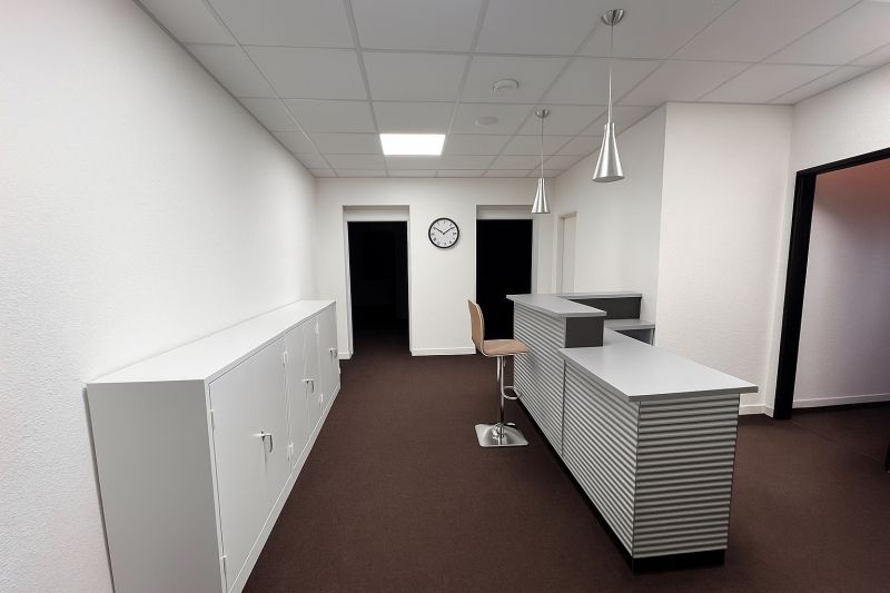 Irodák recepcióval, fehér szekrényekkel és barna szőnyeggel, fa dekoros padlóval.