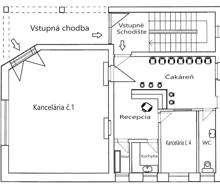 Az iroda alaprajza recepcióval, váróteremmel, konyhával és raktárral.