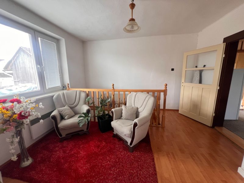 Családi ház belső tere kanapékkal, piros szőnyeggel és fa dekorációjú padlóval.