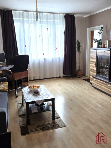 Nappali egy négy szobás lakásban kanapéval és fa dekorációjú padlóval.