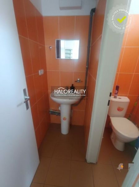 Narancssárga burkolatú mosdóhelyiség mosdókagylóval, tükörrel és WC-vel kereskedelmi helyiségekben.