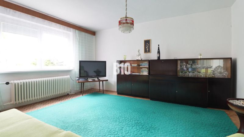 Nappali egy családi házban televízióval, sötét bútorokkal és zöld szőnyeggel.