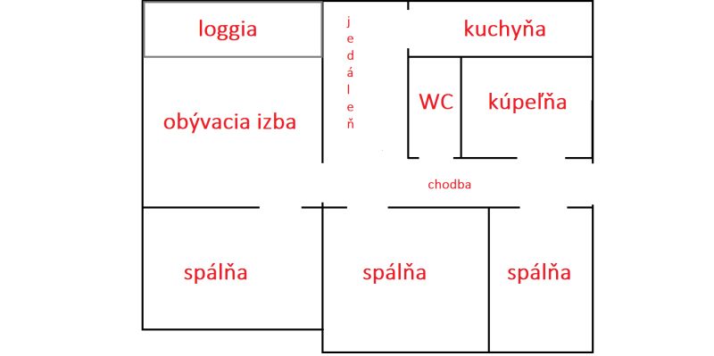 A 4 szobás lakás alaprajza tartalmazza a nappalit, a konyhát, három hálószobát és a fürdőszobát.