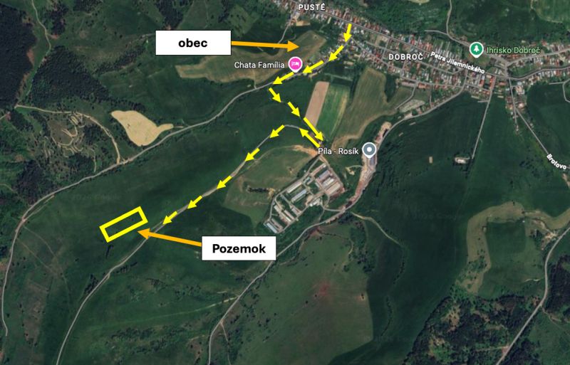 Légi felvétel a mezőgazdasági és erdészeti területekről Feketebalogon, az útvonal megjelölésével.