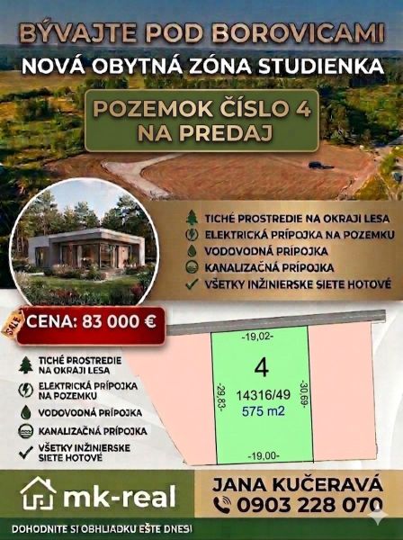 A 4-es számú telek eladása Studienka szélén, Pod Borovicou, lakóövezetben.
