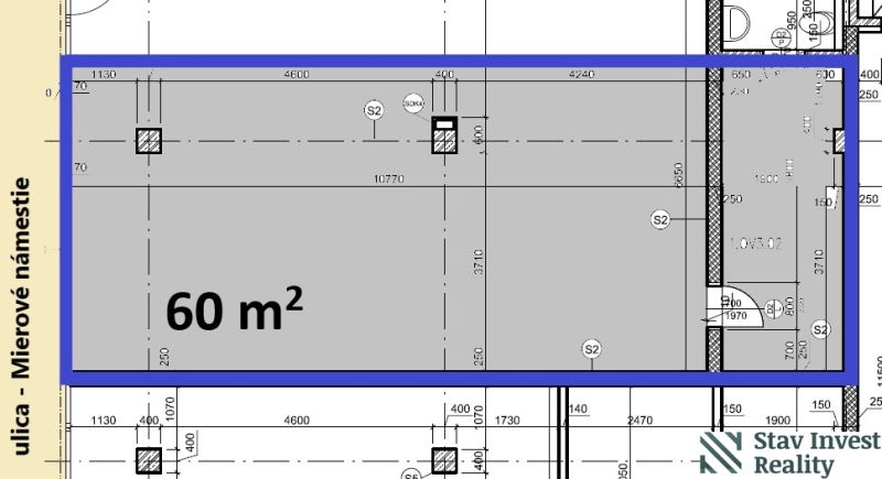 A Mierovom námestí-n található üzlethelyiség alaprajza, 60 m² területtel.