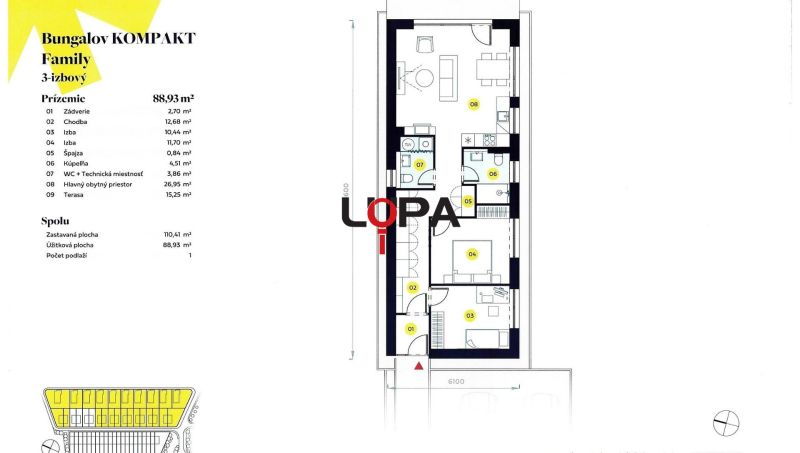 Háromszobás bungaló alaprajza hálószobákkal és nappalival egy családi házban.
