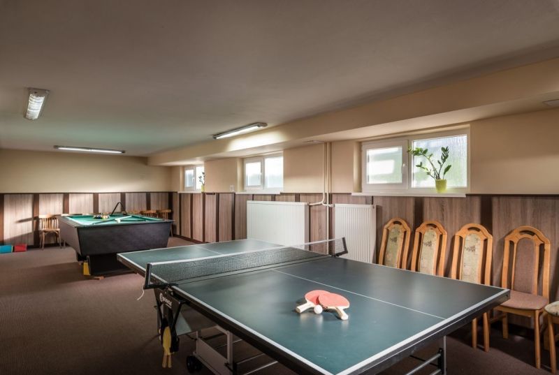 Pingpongasztal és biliárdasztal a szállodák és panziók játéktermében fa dekorációval.