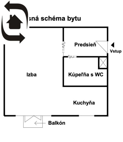1 szobás lakás alaprajza előszobával, szobával, konyhával, fürdőszobával és erkéllyel.