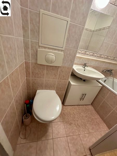 Fürdőszoba WC-vel és mosdókagylóval tárolóhellyel az egyszobás lakásban.