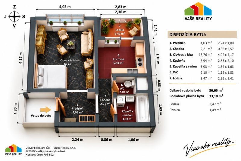 1 szobás lakás alaprajza nappalival, konyhával és lodžiával. Teljes terület 36,65 m².