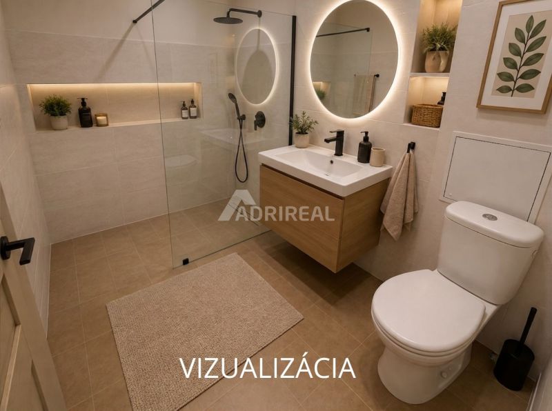 Modern fürdőszoba fával, zuhanyzóval, világított tükörrel és dekoratív elemekkel egy kétszobás lakásban.