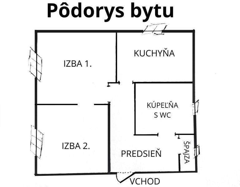 2 szobás lakás alaprajza: szobák, konyha, fürdőszoba WC-vel és kamra.