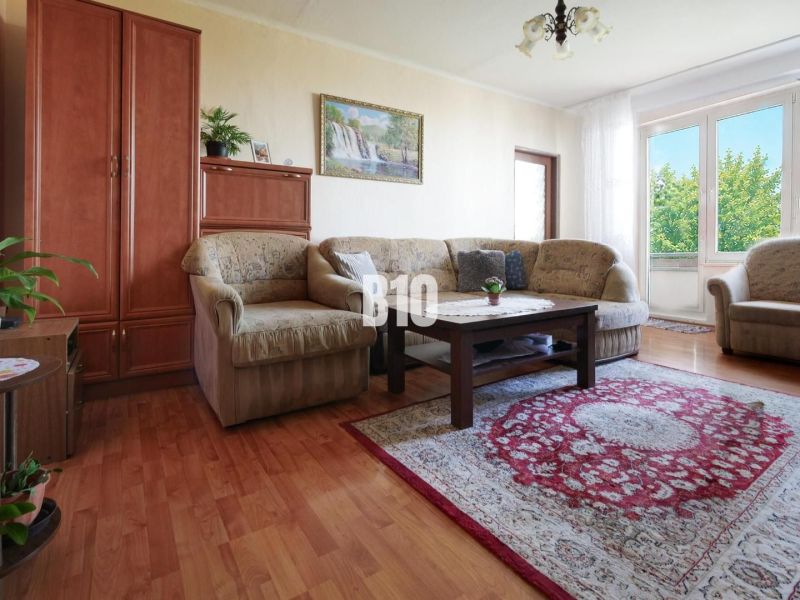 Nappali kanapéval, szőnyeggel és fa dekorációjú padlóval egy kétszobás lakásban.