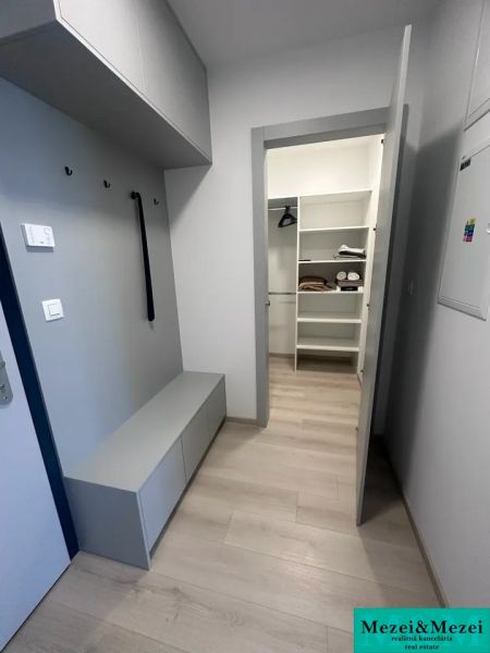 Előszoba szekrénnyel és fa dekor padlóval egy kétszobás lakásban.