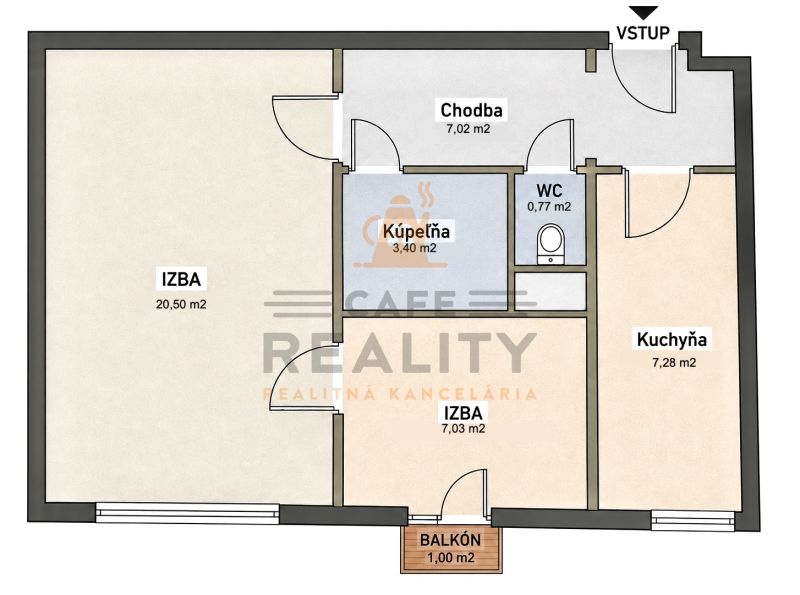 2 szobás lakás alaprajza fürdőszobával, konyhával, erkéllyel és folyosóval.