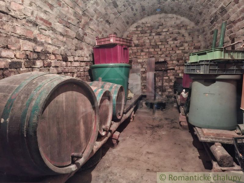 Kőpince a házikóban fa hordókkal és műanyag tartályokkal.