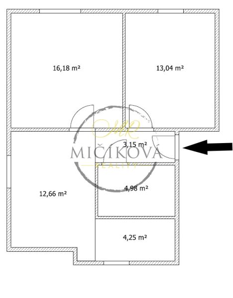 2 szobás lakás alaprajza pontos szobaméretekkel és a bejárat megjelölésével.