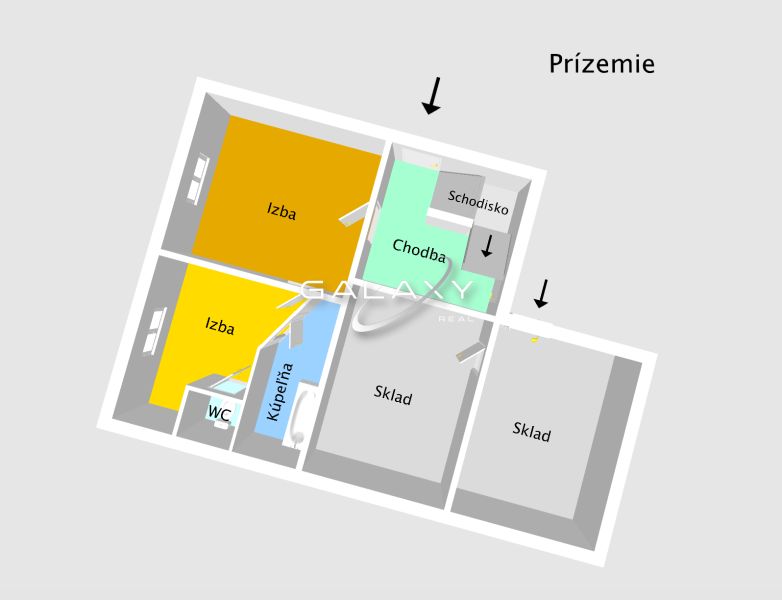 A hajnáčkai családi ház földszinti alaprajza szobákkal, fürdőszobával és raktárakkal.