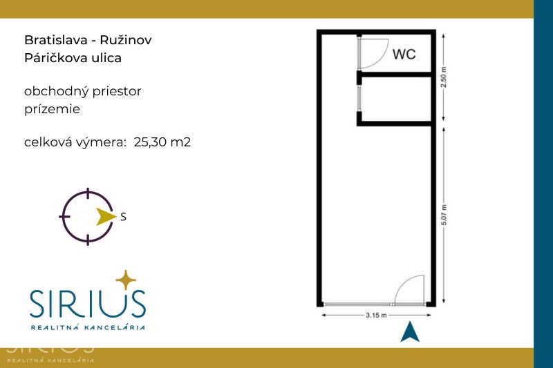 Az üzlethelyiség alaprajza a pozsonyi Páričkova utcában, 25,30 m² területtel.