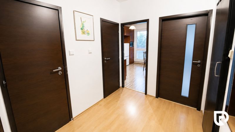 2 szobás lakás folyosója fa dekor padlóval és három sötét ajtóval.