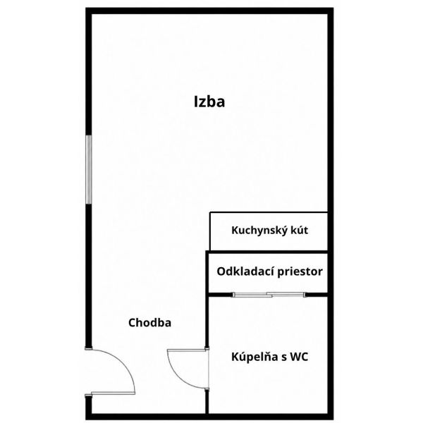 1 szobás lakás alaprajza szobával, konyhasarokkal és fürdőszobával WC-vel.