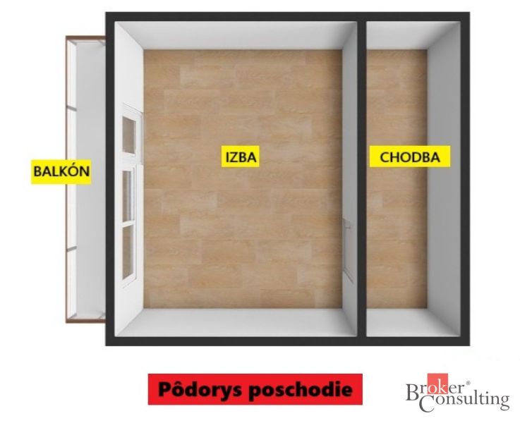 2 szobás lakás alaprajza erkéllyel és fa dekorációs padlóval.