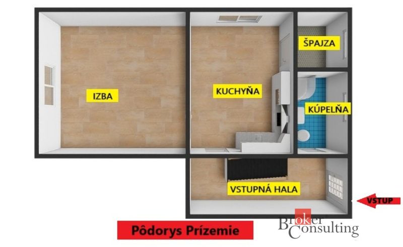 2 szobás lakás alaprajza fa dekor padlóval, amely tartalmaz egy szobát, konyhát és fürdőszobát.