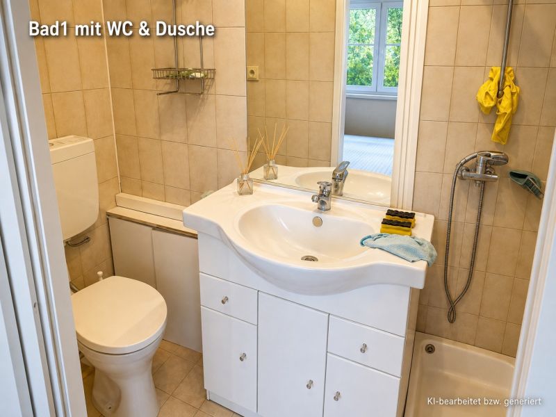 Családi ház fürdőszobája mosdóval, WC-vel és zuhanyzóval.