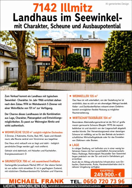 Családi ház Illmitzben kerttel és jellegzetes építészettel, zölddel és fákkal körülvéve.