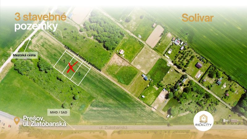 Lakóterületek a Zlatobanská utcában, Eperjesen, zöldövezettel körülvéve és magánúttal.