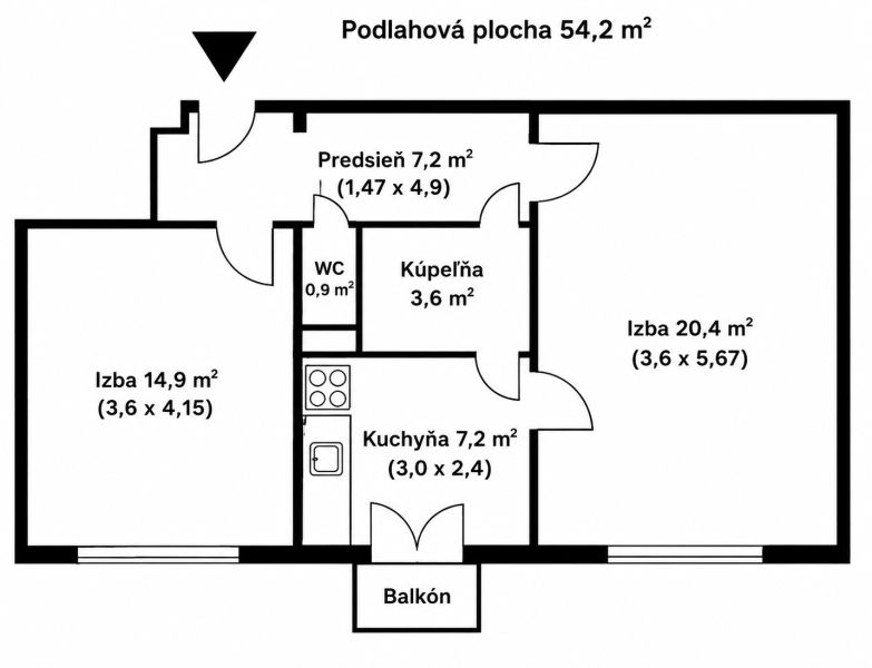 54,2 m²-es, erkélyes és konyhás, 2 szobás lakás alaprajza.