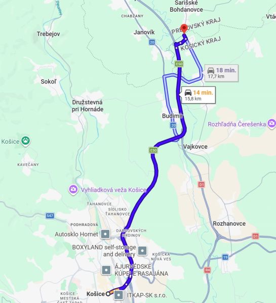 Térkép az útvonalról Kassa és Nová Polhora környéke között, autós utazásra tervezve.