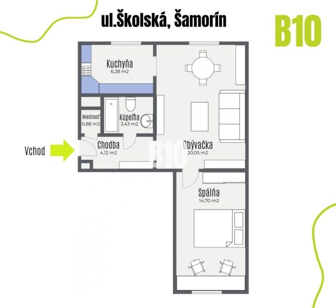 Kétszobás lakás alaprajza a Somorjai Iskola utcában, konyhával és fürdőszobával.