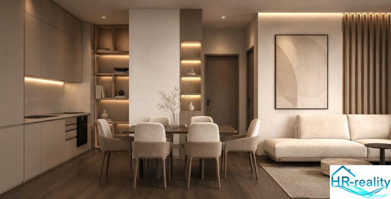 Étkező sarok és konyha a Nyaraló apartmanban fa dekor padlóval.