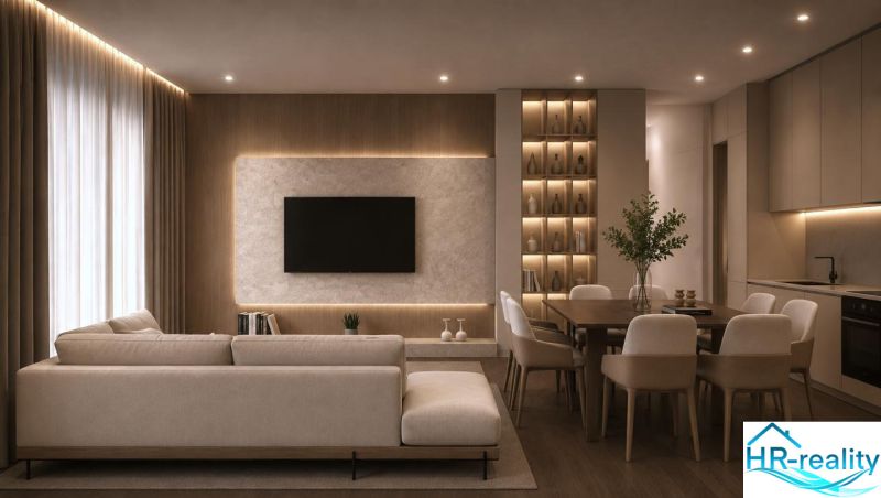 Egy nyaraló apartman belső tere kanapéval, televízióval és fa dekorációjú padlóval.
