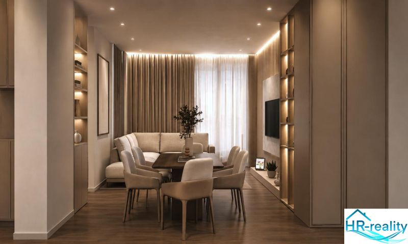 A rekreációs apartman belső tere kényelmes ülőhellyel, étkezőasztallal és fa dekorációjú padlóval.