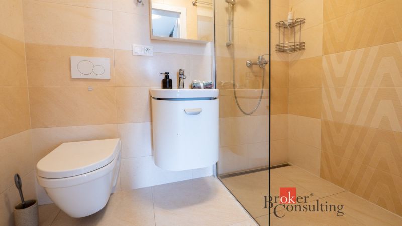 Minimalista fürdőszoba zuhanyzóval és WC-vel egy családi házban.