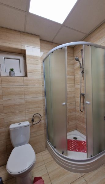 Fürdőszoba családi házban WC-vel és zuhanyzóval, fa dekorációval.