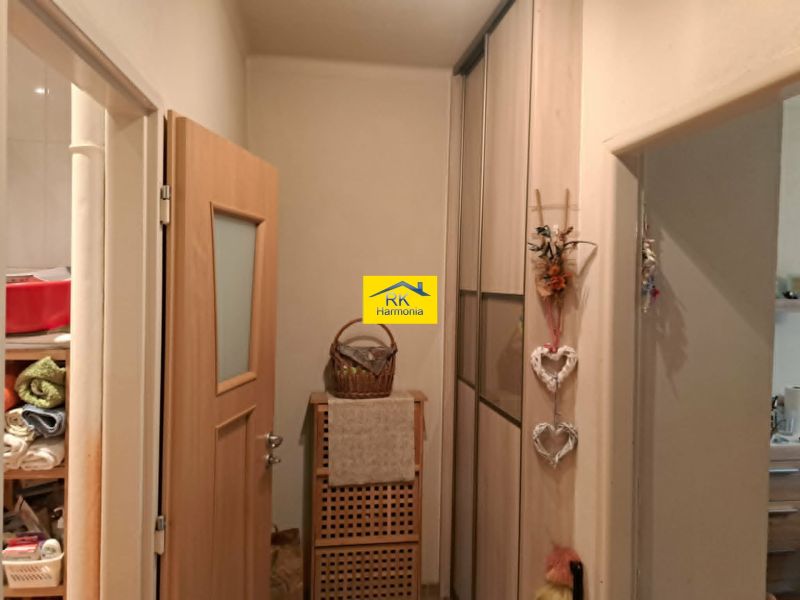 Előszoba tárolóhellyel egy kétszobás lakásban, fa dekorációval.
