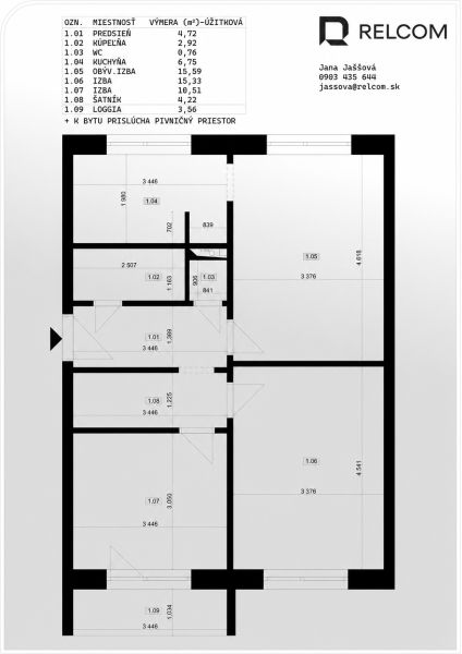 Egy 3 szobás lakás alaprajza előszobával, fürdőszobával, WC-vel, konyhával, nappalival, szobákkal és loggiával.