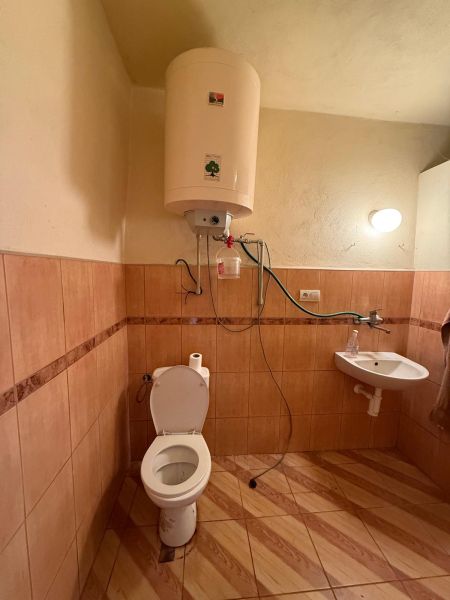 Fürdőszoba WC-vel, vízmelegítő, mosdókagyló, fa dekorációs padló családi házban.