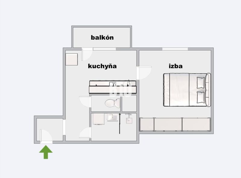 1 szobás lakás alaprajza erkéllyel és konyhával.