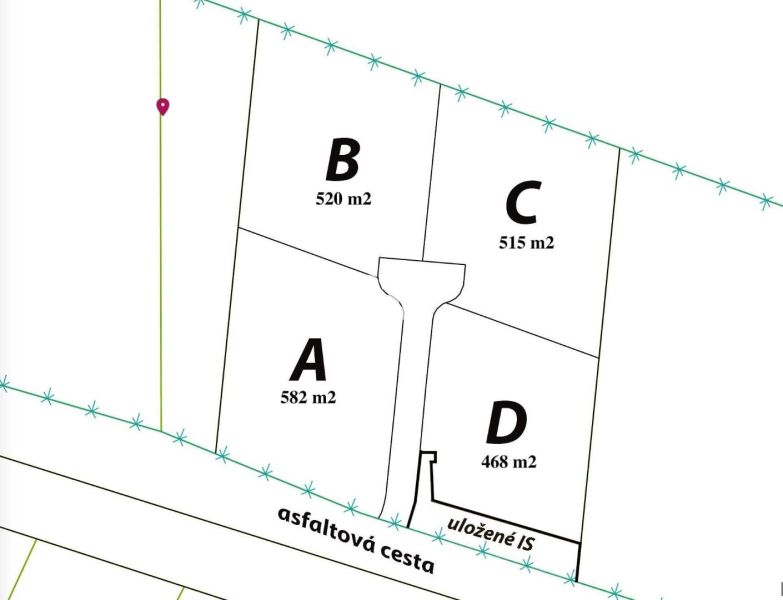 Lakóterületek Újszádon: négy telek (A, B, C, D) aszfaltút mellett.