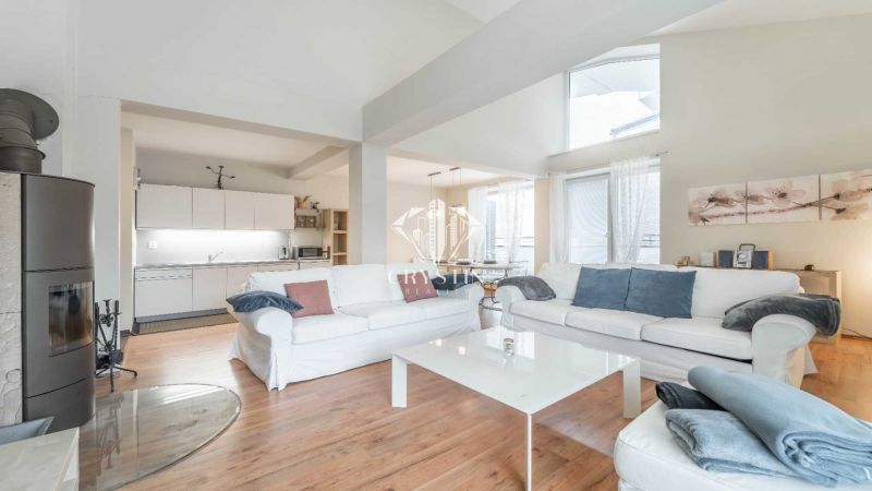 Világos nappali kandallóval, kanapékkal, konyhával és fa dekorációjú padlóval egy üdülő apartmanban.