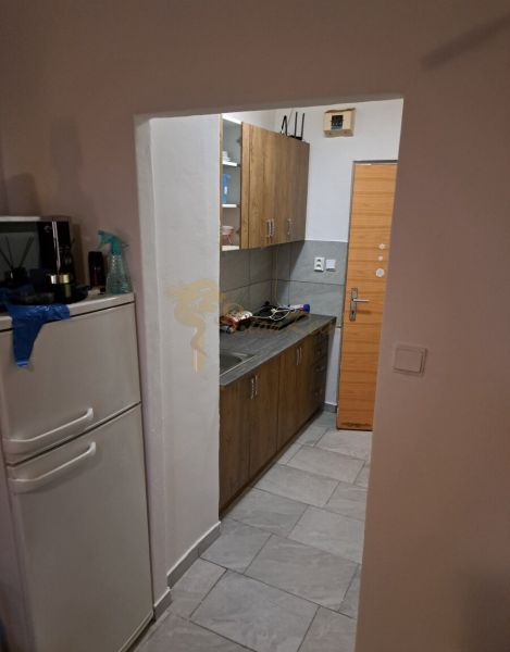 Garzonlakás konyhával, világos padlóval és fa dekorációs szekrényekkel.